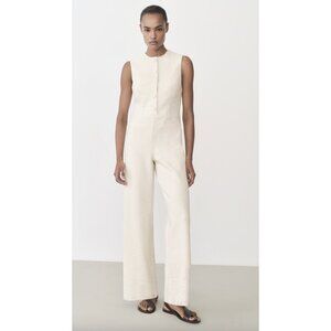 MANGO Sleeveless Tweed Jumpsuit in Cream Size Small